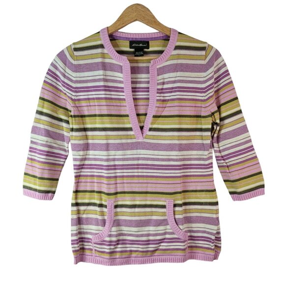 2/$15 Eddie Bauer Womens Sweater Purple Small V Neck 3/4 Sleeve Pocket Striped - Picture 1 of 6